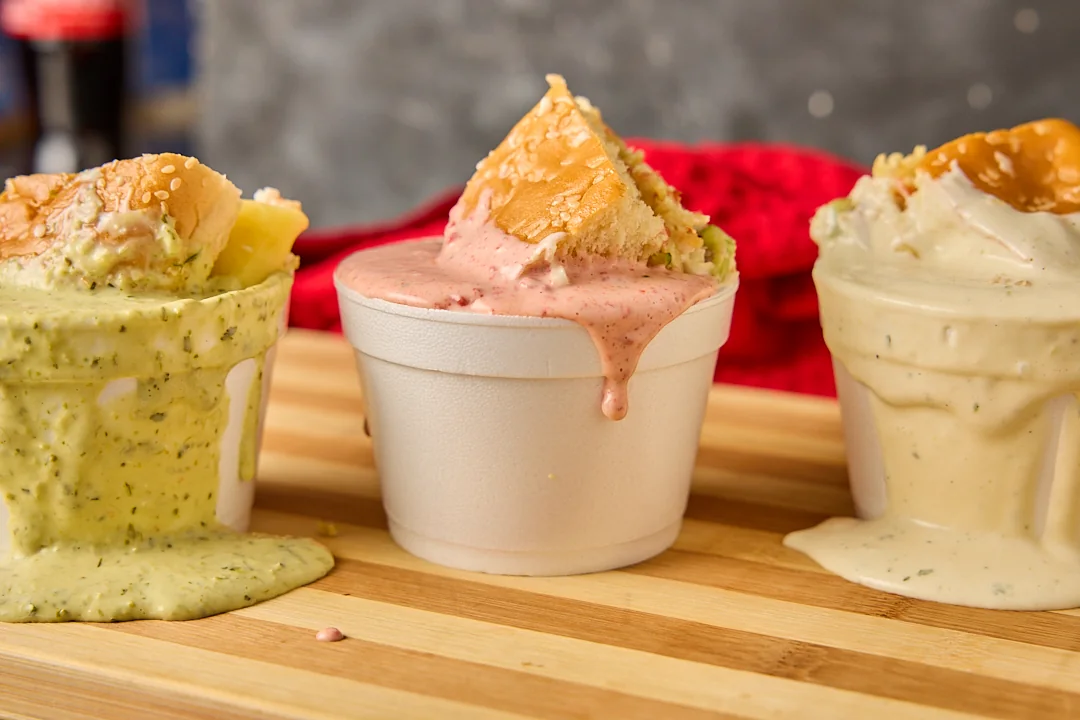 Las tres salsas de la casa de Los Super: guasacaca verde, crema de tocineta y salsa de ajo